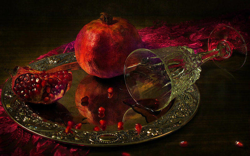 Pomegranate on Silver Tray