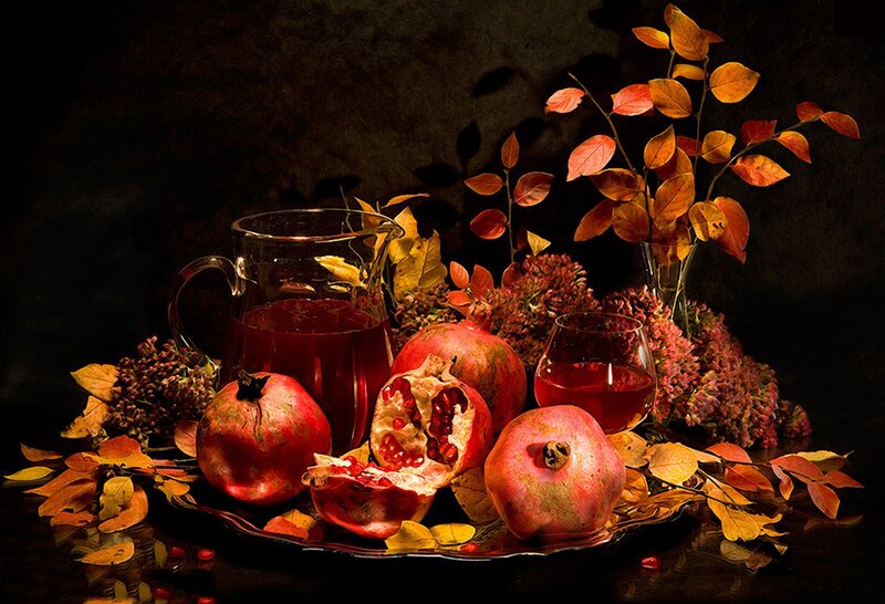Pomegranates and Autumn Leaves — Red