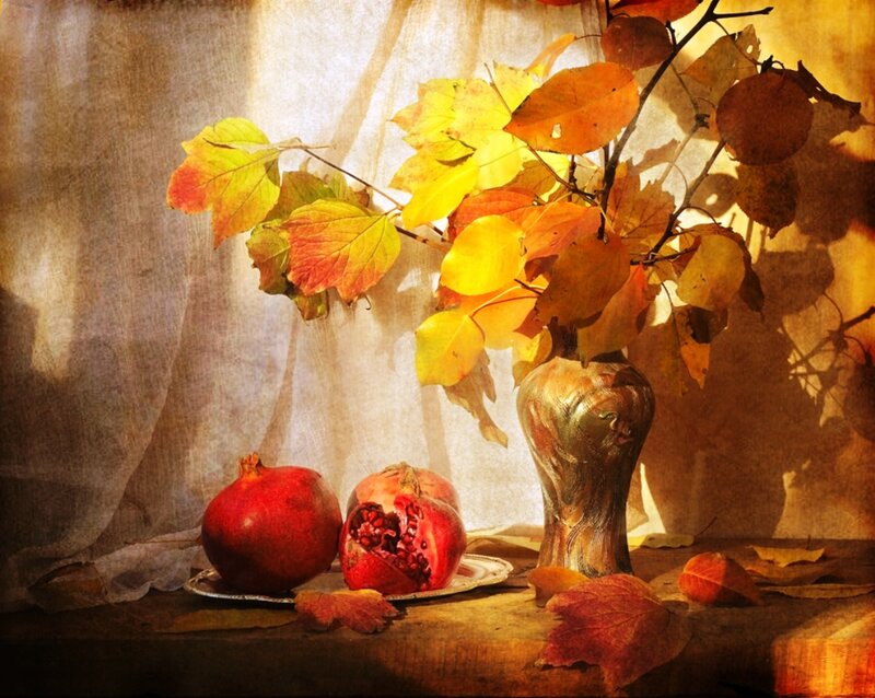 Pomegranates and Autumn Leaves