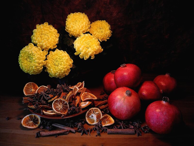 Pomegranates and Flowers