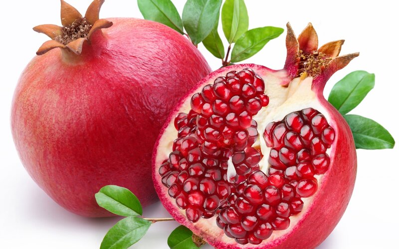 Pomegranates with Leaves — Red, Fresh