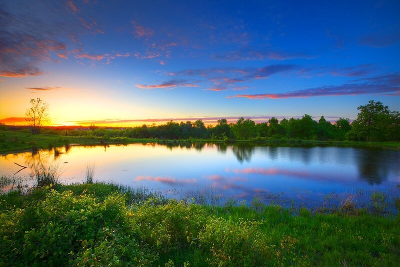 Pond at Sunset — Blue, Serene, Photograph, Sky