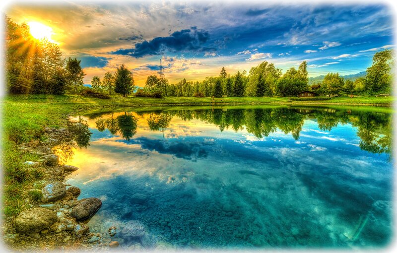Pond at Sunset — Blue, Serene, Photograph