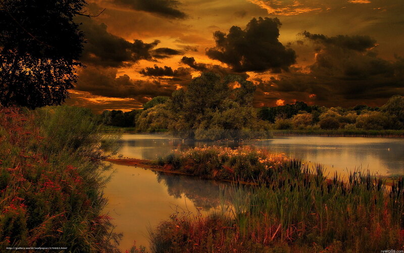 Pond at Sunset — Orange, Dramatic, Photograph, Sky