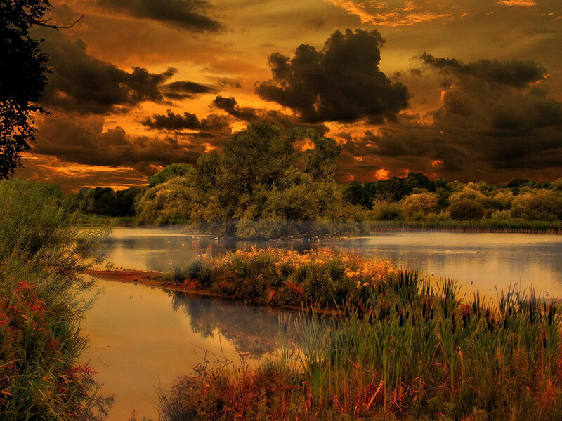 Pond at Sunset — Orange, Dramatic, Photograph