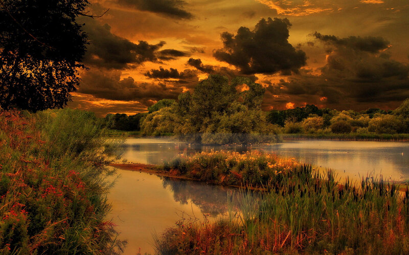 Pond at Sunset — Orange, Dramatic