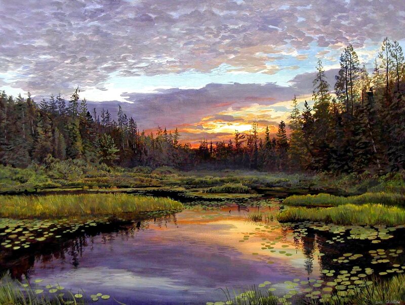 Pond at Sunset — Purple, Serene