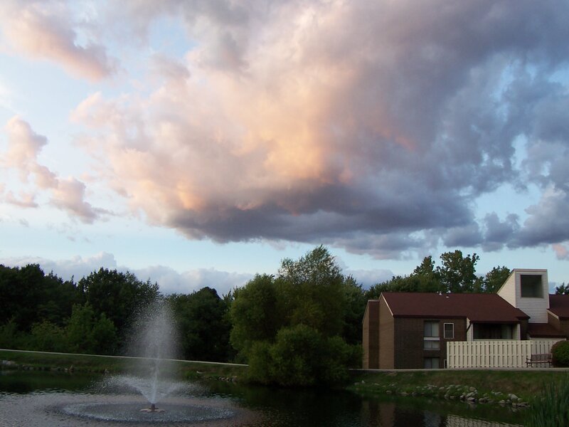Pond fountain at dusk