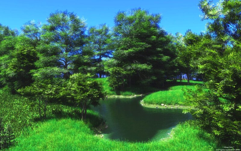 Pond in Forest Clearing — Green, Serene, Afternoon, Digital Art