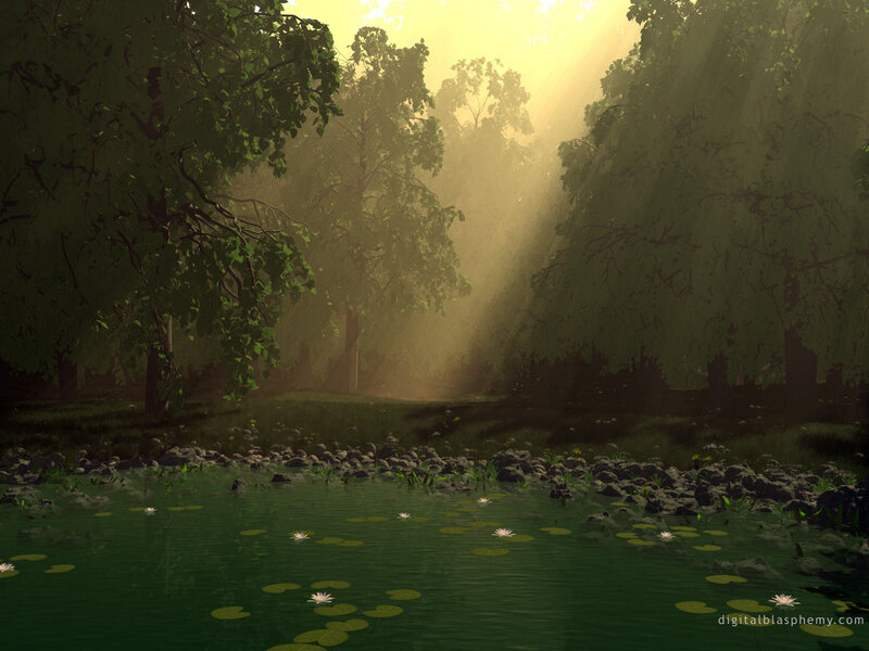 Pond in Forest Clearing — Green, Serene, Morning