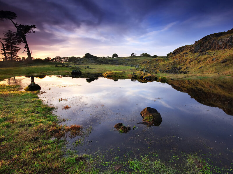 Pond Reflecting Sky — Blue, Serene, Sunset, Photograph