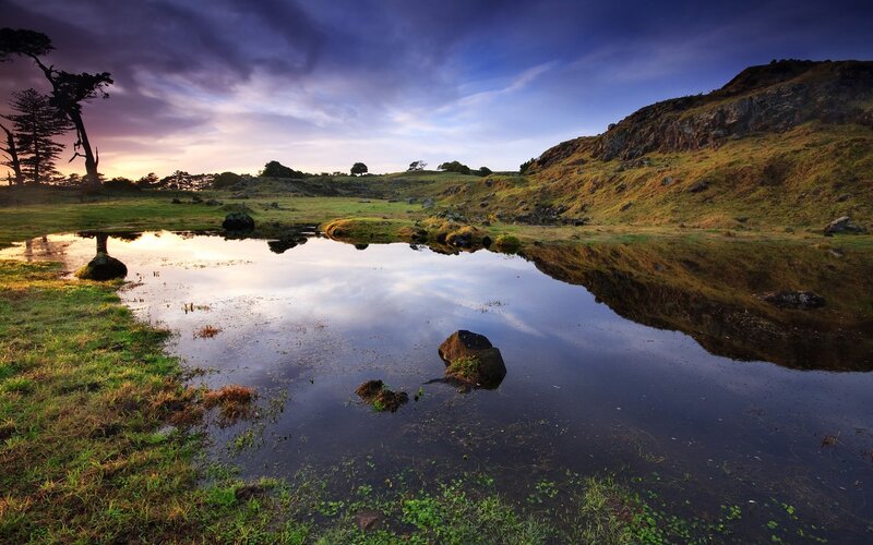Pond Reflecting Sky — Blue, Serene, Sunset
