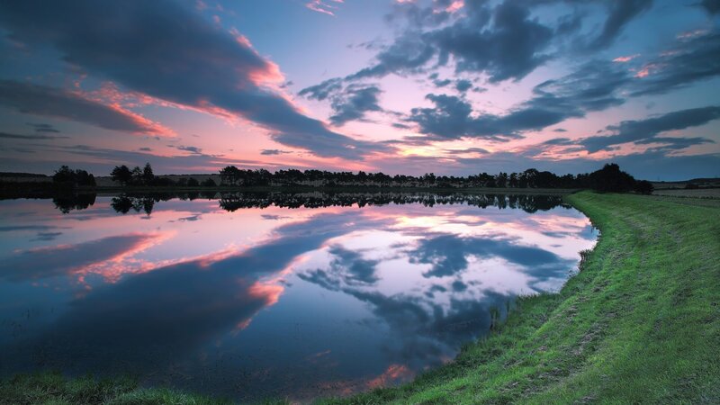 Pond Reflecting Sunset — Blue, Serene