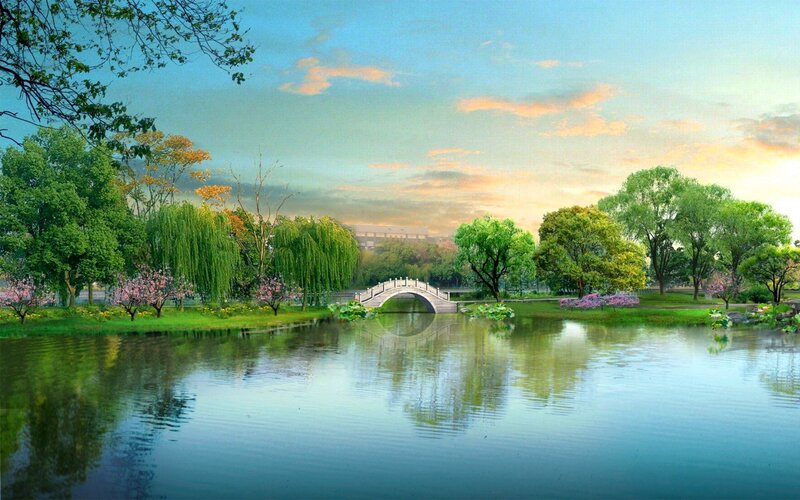 Pond with Arched Bridge — Green, Serene, Sunset, Digital Art, Trees