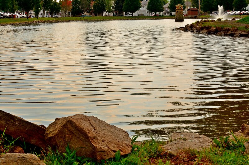 Pond with Fountain — Green, Serene, Sunset