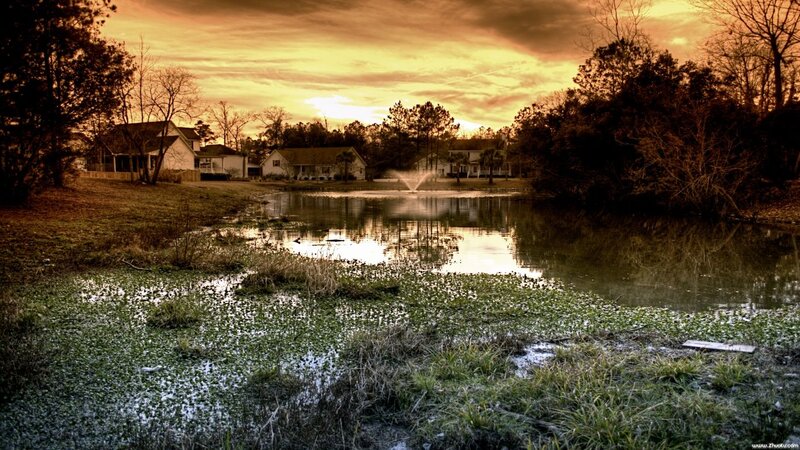 Pond with Fountain — Orange, Dramatic