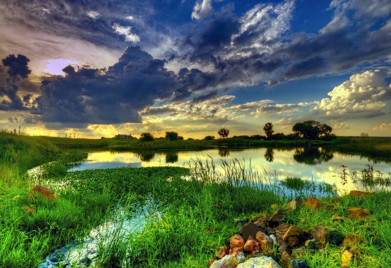 Pond with Green Grass — Dramatic, Sunset