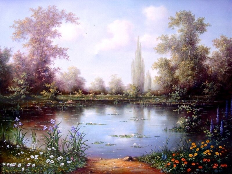 Pond with Lily Pads — Blue, Serene, Afternoon