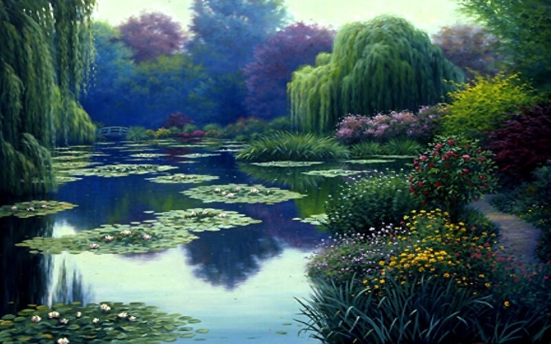 Pond with Lily Pads — Green, Serene, Afternoon, Painting