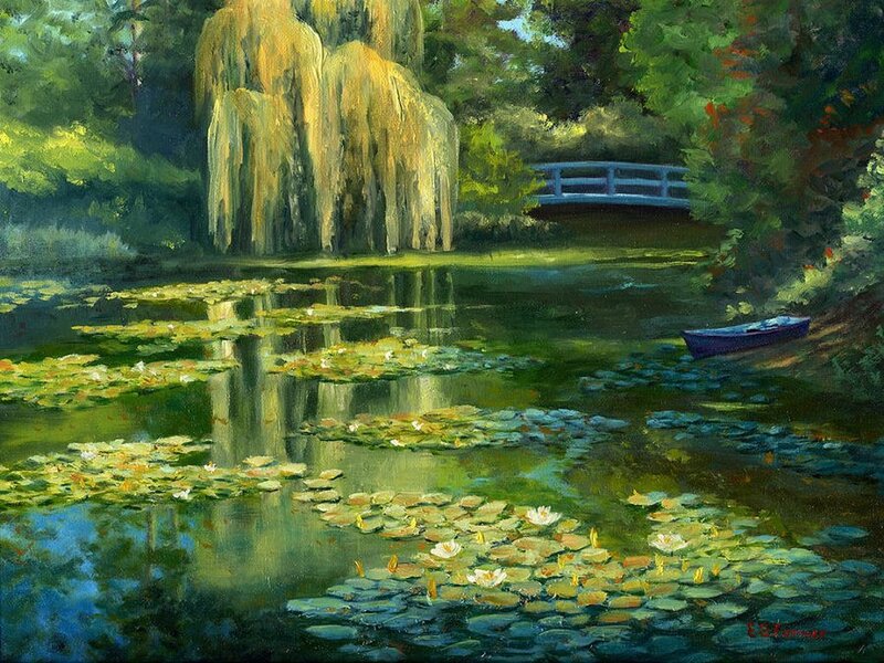Pond with Lily Pads — Green, Serene, Afternoon, Painting, Willow Tree, Boat