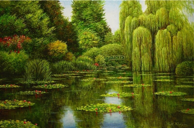 Pond with Lily Pads — Green, Serene, Afternoon, Painting, Willow Tree, Bridge, Lilies