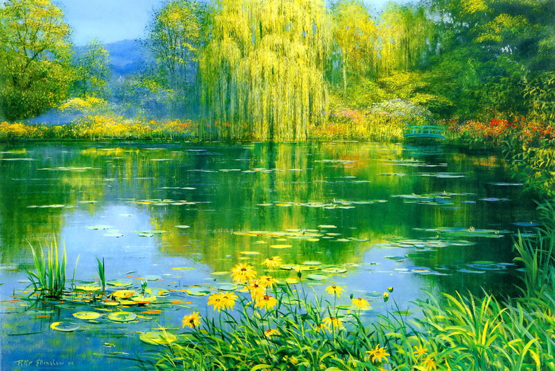 Pond with Lily Pads — Green, Serene, Afternoon, Painting, Willow Tree, Bridge