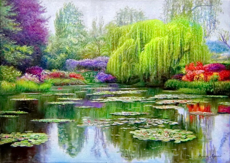 Pond with Lily Pads — Green, Serene, Afternoon, Painting, Willow Tree