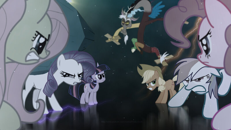 ponies facing off in dark scene