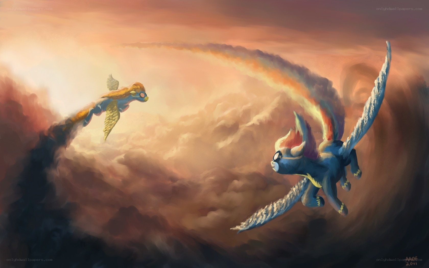 ponies flying in stormy sky
