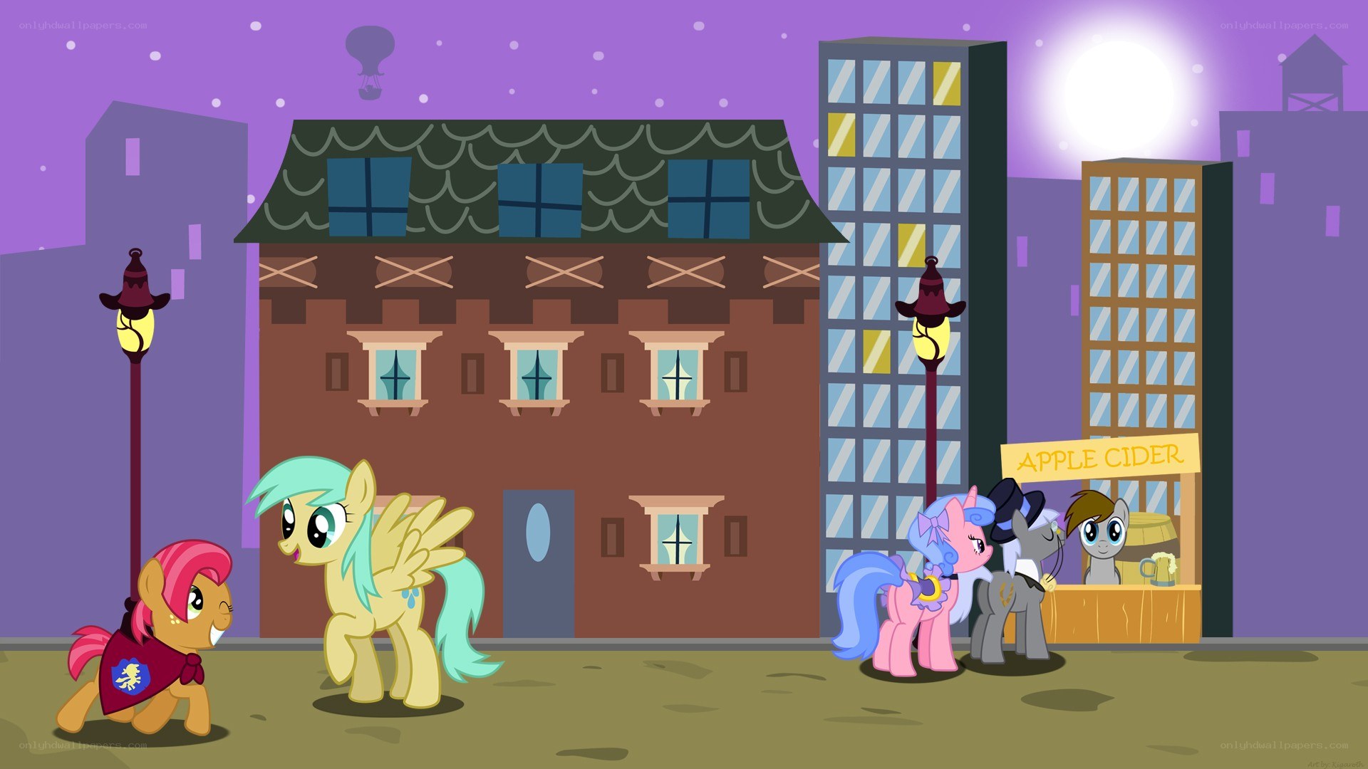 ponies in a city at night