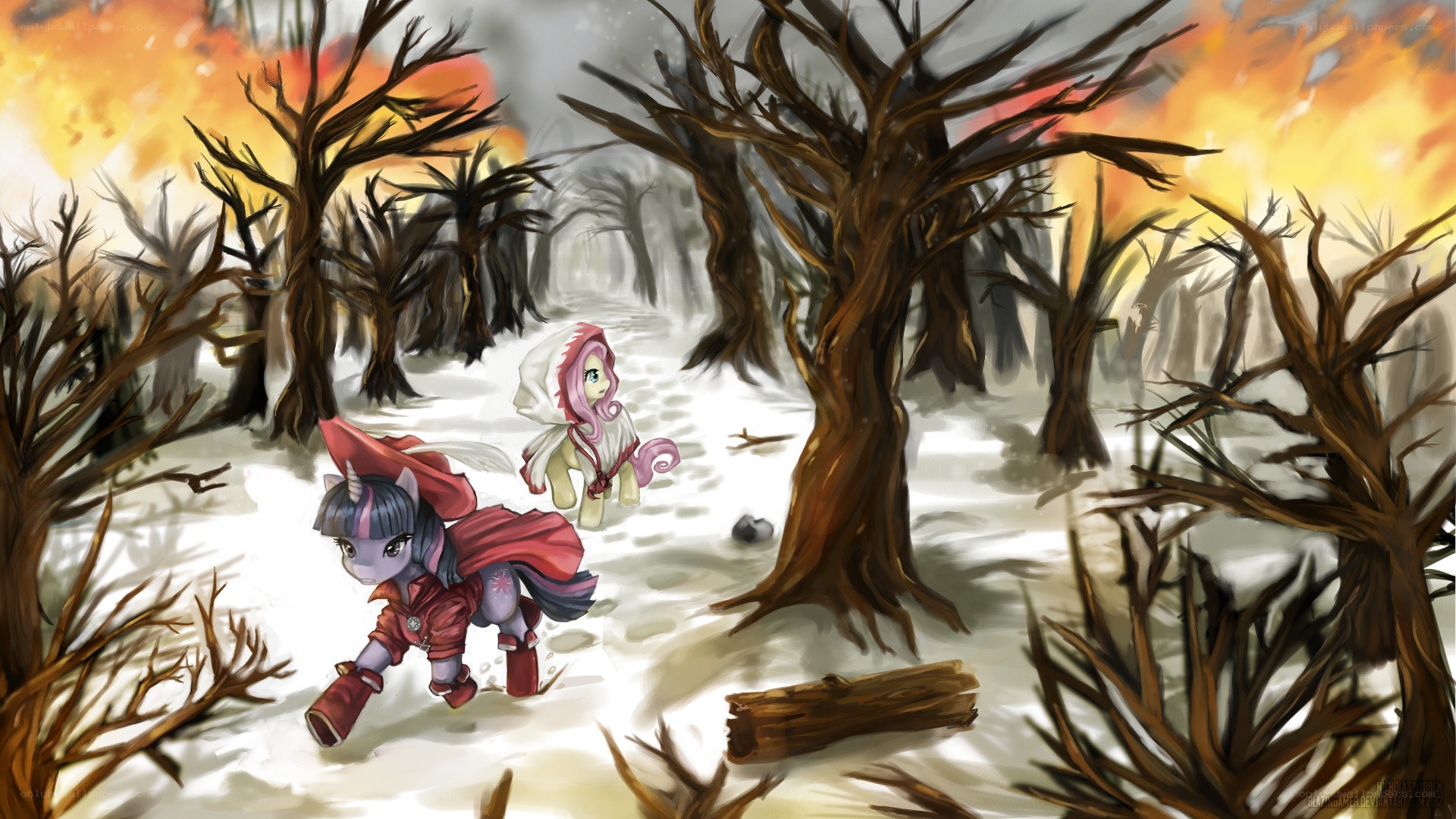 ponies in a snowy forest