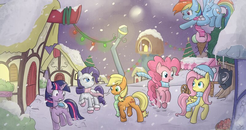 ponies in a snowy town