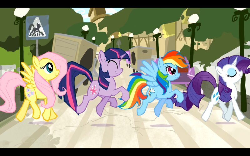 ponies running in town