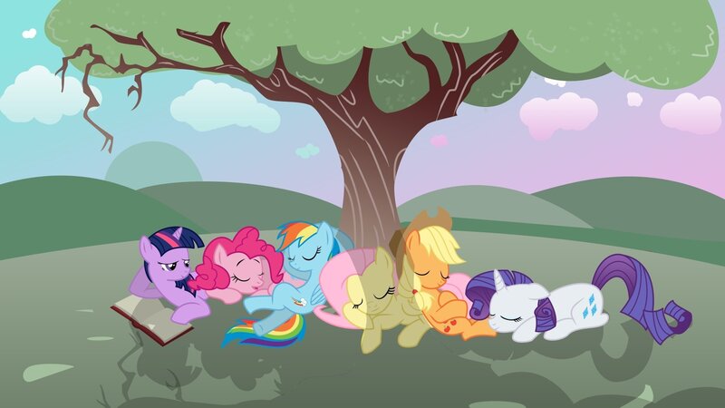 Ponies Sleeping under Tree