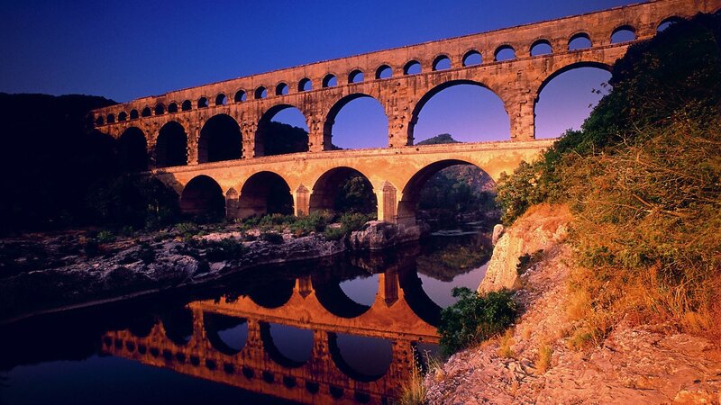 Pont Du Gard Aqueduct — Blue, Dramatic, Sunset, Photograph, River