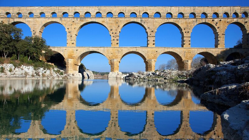 Pont Du Gard Aqueduct — Blue, Serene, Afternoon