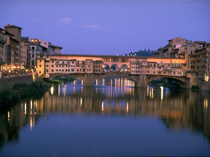 Ponte Vecchio Bridge — Blue, Serene, Night, Photograph, River, Buildings, Lights