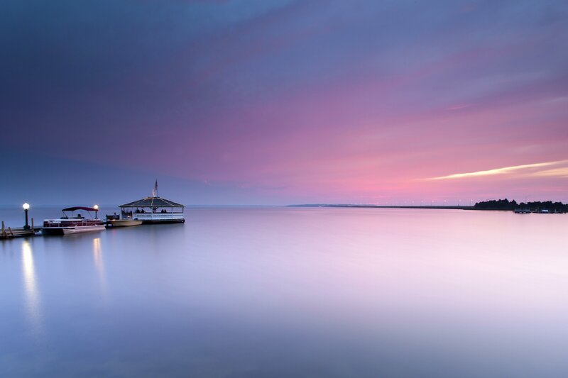 Pontoon Boat at Dock — Purple, Serene