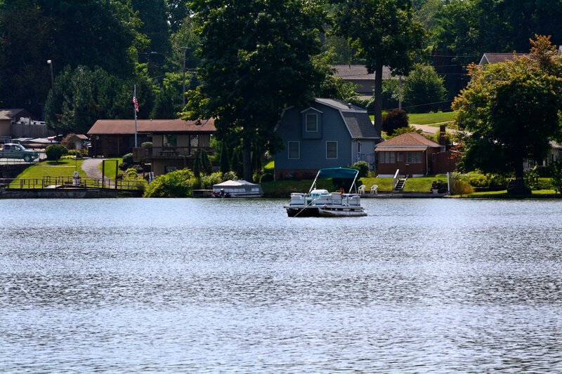 Pontoon Boat on Lake — Blue, Serene