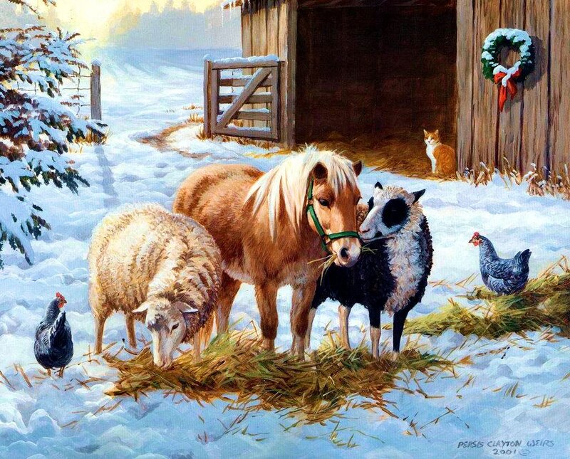 Pony and Sheep in Snow — White, Peaceful, Winter