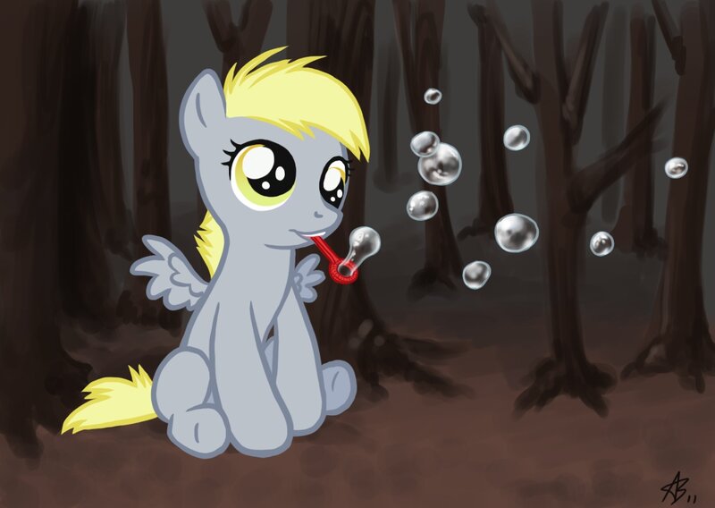 pony blowing bubbles in forest