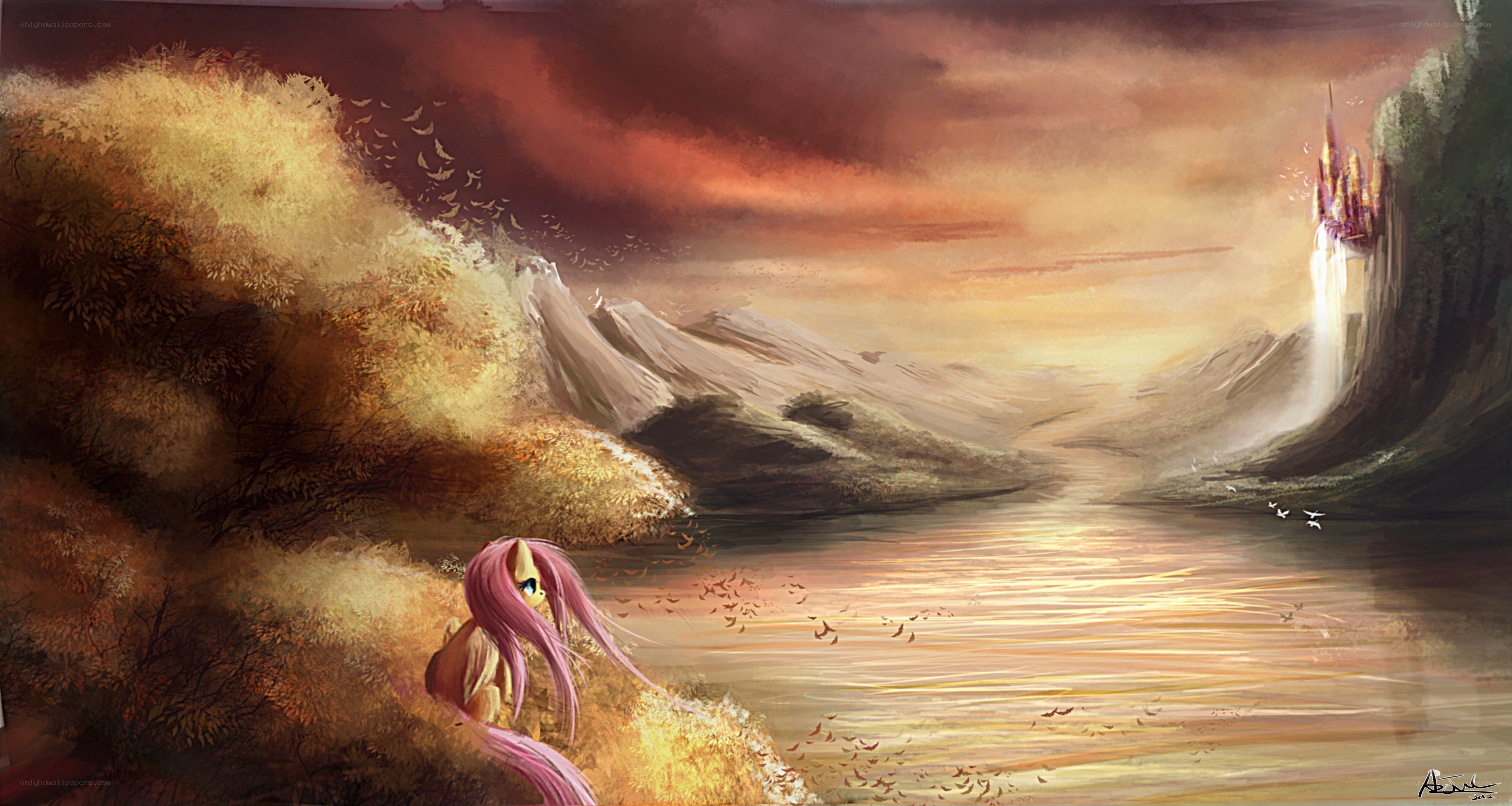 pony by the river at sunset