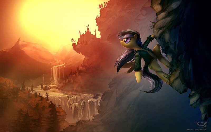 pony climbing at sunset