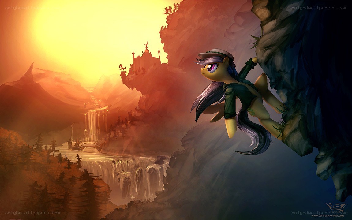 pony climbing at sunset
