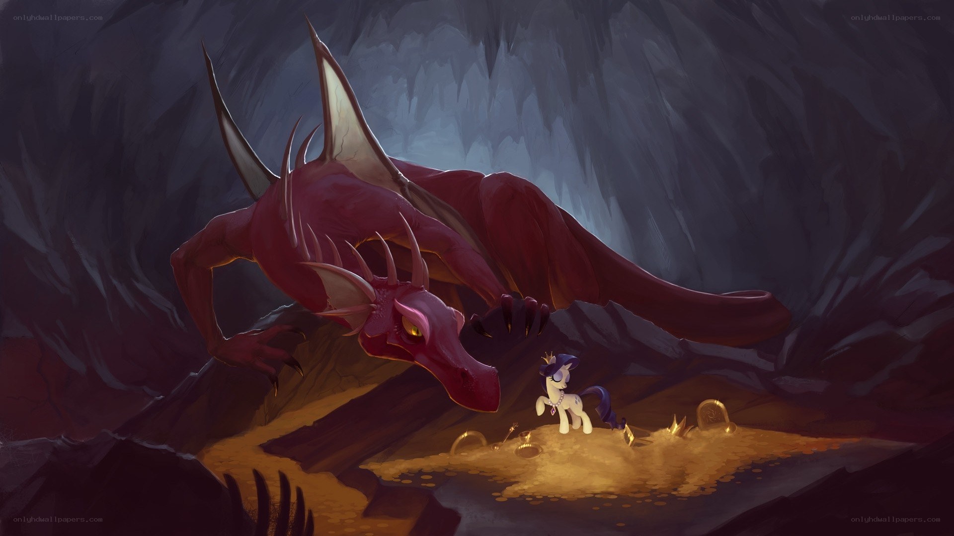 pony confronting a red dragon