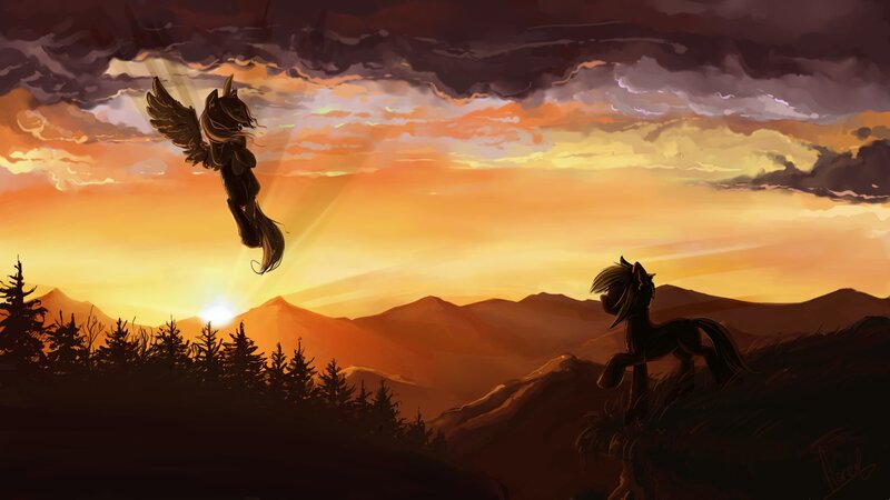pony flying at sunset