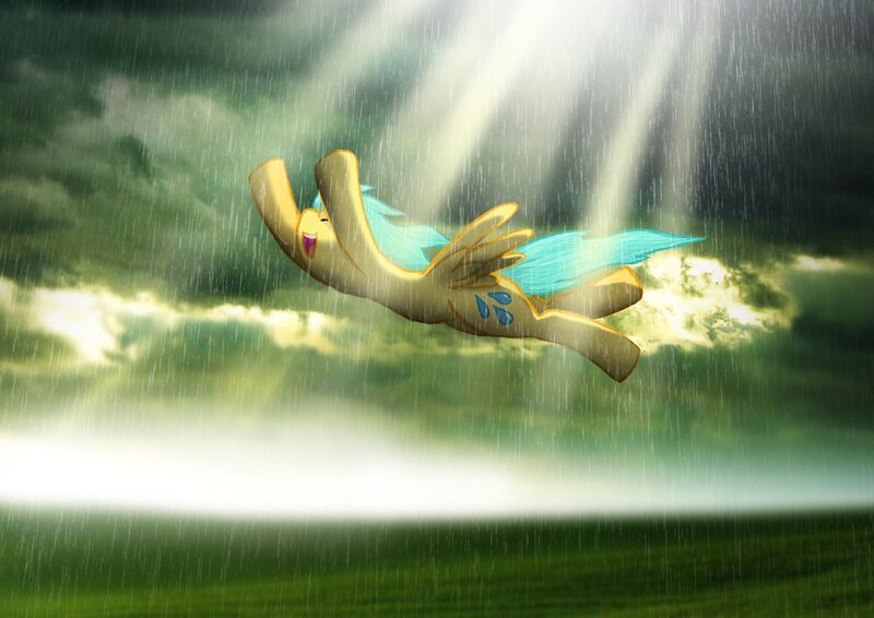 Pony flying in rainstorm