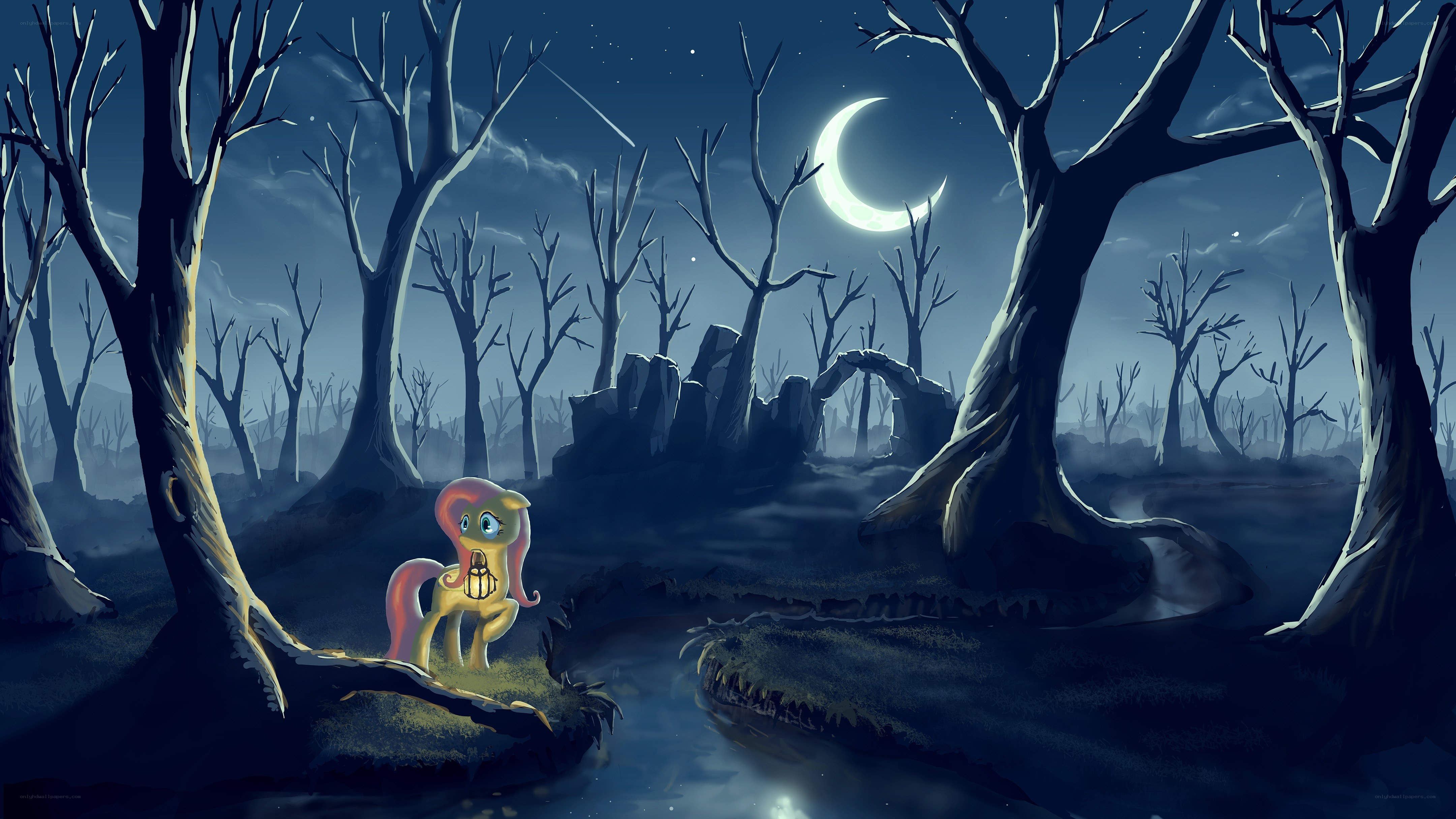 Pony in a dark forest