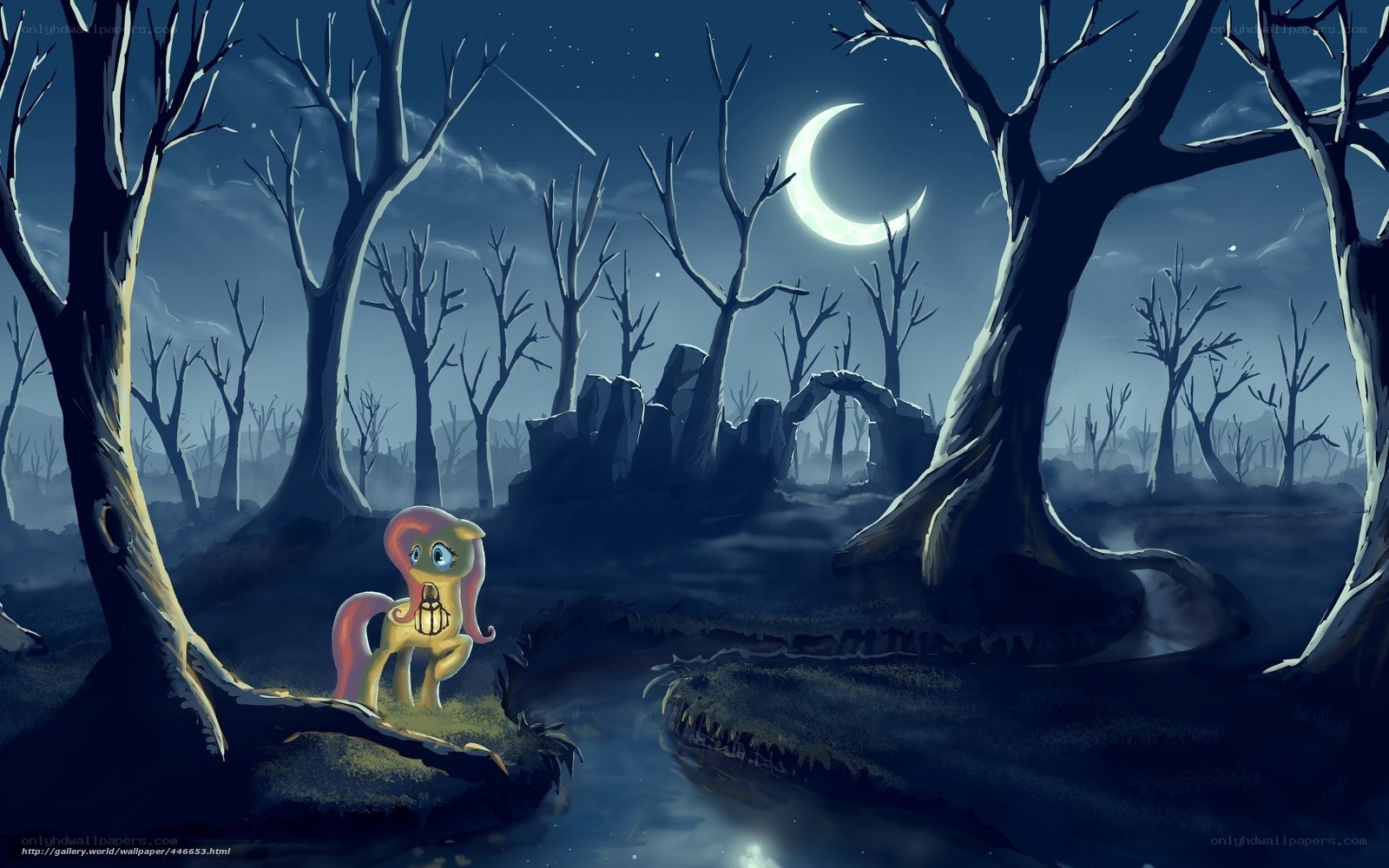 Pony in a dark forest