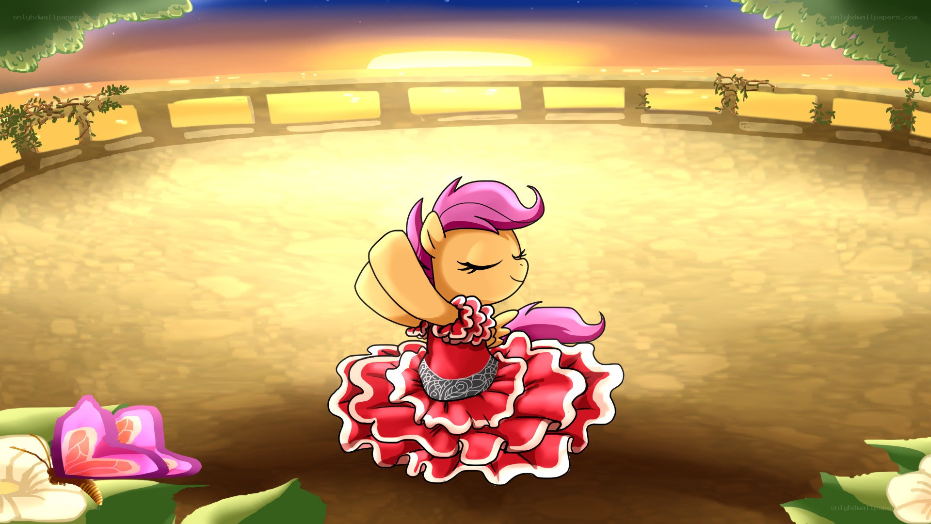 pony in red dress at sunset